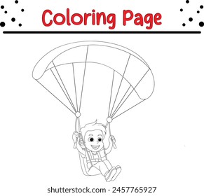 lindo niño jugando parapente para colorear página de libro para niños.