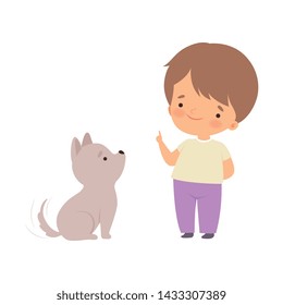 Cute Boy Playing with Puppy, Kid Interacting with Animal in Contact Zoo Cartoon Vector Illustration