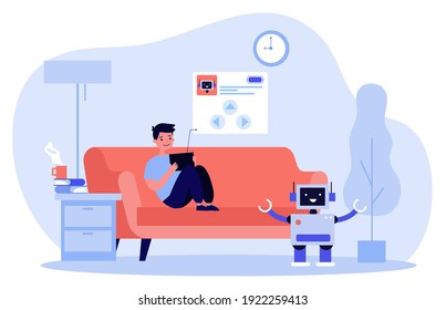 Cute boy playing with robot at home. Sofa, android, toy flat vector illustration. Childhood and robotics concept for banner, website design or landing web page