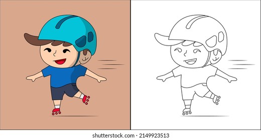 Cute boy playing roller skates suitable for children's coloring page vector illustration