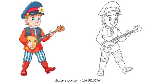 Cute boy playing Russian balalaika music. Coloring page and colorful clipart character. Cartoon design for t shirt print, icon, logo, label, patch or sticker. Vector illustration.