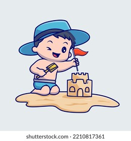 Cute Boy Playing Sand Castle in Beach Cartoon Vector Icon Illustration. People Holiday Icon Concept Isolated Premium Vector. Flat Cartoon Style