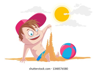 Cute boy playing with sand on beach. Vector Illustration. Isolated on white background.	