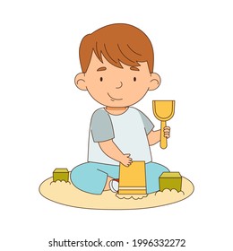 Cute Boy Playing in Sandbox Having Fun On His Own Enjoying Childhood Vector Illustration