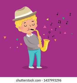 Cute boy playing saxophone on purple background