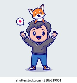 Cute Boy Playing With Shiba Inu Dog Cartoon Vector Icon Illustration. People Animal Icon Concept Isolated Premium Vector. Flat Cartoon Style