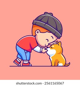 Cute Boy Playing With Shiba Inu Dog Cartoon Vector Icon 
Illustration. People Animal Icon Concept Isolated Premium 
Vector. Flat Cartoon Style 