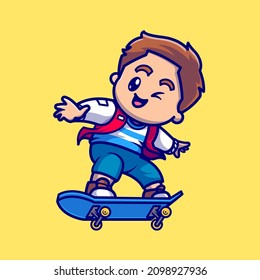 Cute Boy Playing With Skateboard Cartoon Vector Icon Illustration. People Sport Icon Concept Isolated Premium Vector. Flat Cartoon Style