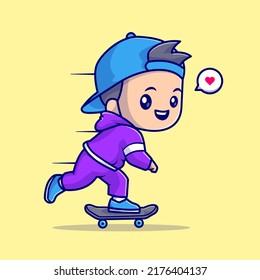 Cute Boy Playing Skateboard Cartoon Vector Icon Illustration. People Sport Icon Concept Isolated Premium Vector. Flat Cartoon Style