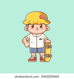 a Cute boy Playing Skateboard pose  kawaii chibi character mascot illustration outline style design