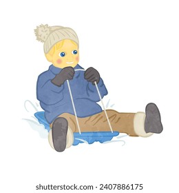 Cute boy playing with a sled 01
