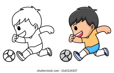 Cute boy playing soccer coloring page for kids