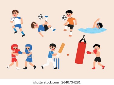 cute boy playing soccer, football, futsal, swimming, rugby, boxing, cricket, practice with sandbag, sport day cartoon, game day, happy kid character doing sport competition illustration