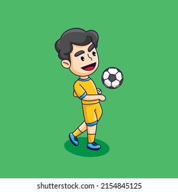 Cute boy playing soccer, happy boy kicking the ball, cartoon vector illustration