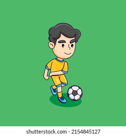 Cute boy playing soccer, happy boy kicking the ball, cartoon vector illustration