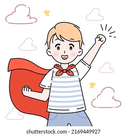 Cute boy playing superhero cartoon vector illustration isolated on white background