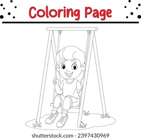 Cute boy playing swing park coloring book page