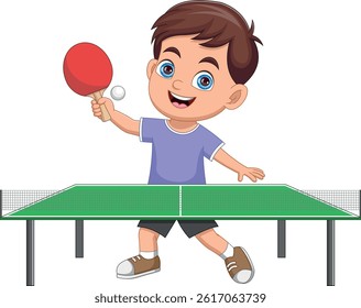 Cute boy playing table tennis cartoon