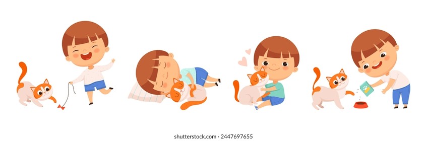 Cute Boy Playing and Taking Care of Cat Vector Set