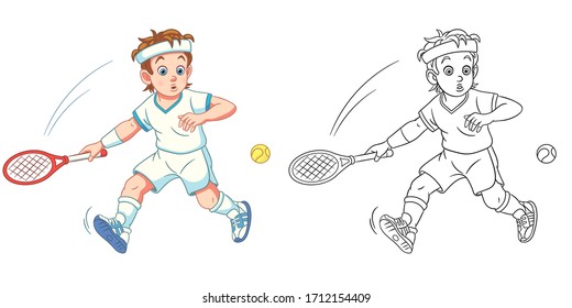 Cute boy playing tennis. Coloring page and colorful clipart character. Cartoon design for t shirt print, icon, logo, label, patch or sticker. Vector illustration.