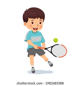 Cute boy playing tennis. Vector illustration