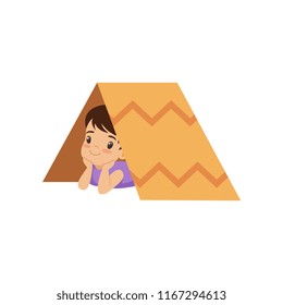 Cute boy playing with tent made of cardboard box vector Illustration on a white background