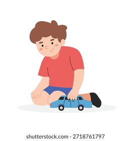 Niño lindo que juega la ilustración interior del coche del juguete