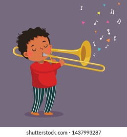 Cute boy playing the trombone on purple background