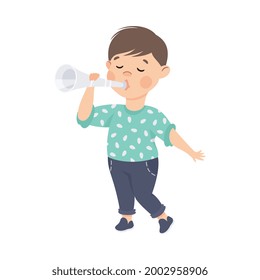 Cute Boy Playing Trumpet, Adorable Kid Leisure Activity Concept Cartoon Vector Illustration
