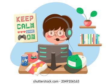 Cute Boy Playing Video Games Illustration. Gamer Cute Isolated Image. Boy Plays Games On PC While Sitting At Home With Headphones At The Table. Cute Boy Kid Home Interior. Cap, Chips, Drinks. Vector.