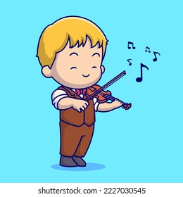 Cute Boy Playing Violin Cartoon Vector Icon Illustration. People Music Icon Concept Isolated Premium Vector. Flat Cartoon Style