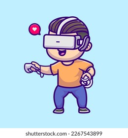 Cute Boy Playing Virtual Reality Game Cartoon Vector Icon Illustration. People Technology Icon Concept Isolated Premium Vector. Flat Cartoon Style