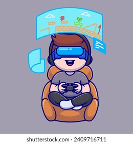 Un chico lindo jugando a un juego de realidad virtual Icono vector de dibujos animados
Ilustración. Concepto de icono de tecnología de personas aislado
Vector Premium. Estilo de dibujo plano
