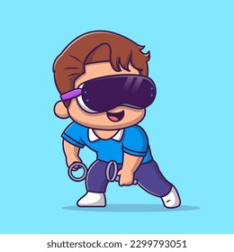 Cute Boy Playing Vr Game Cartoon Vector Icon Illustration. People Technology Icon Concept Isolated Premium Vector. Flat Cartoon Style