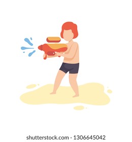 Cute Boy Playing with Water Gun on Beach on Summer Holidays Vector Illustration
