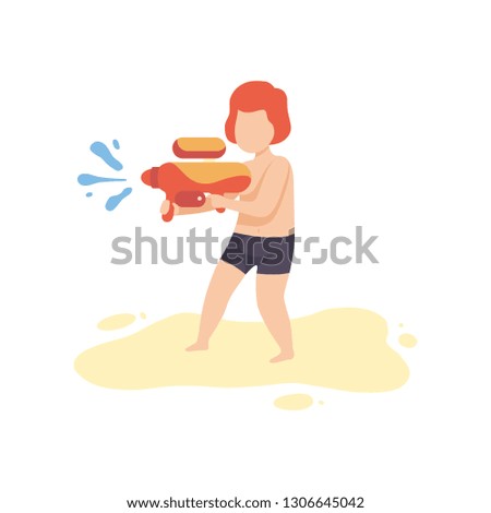 Cute Boy Playing with Water Gun on Beach on Summer Holidays Vector Illustration