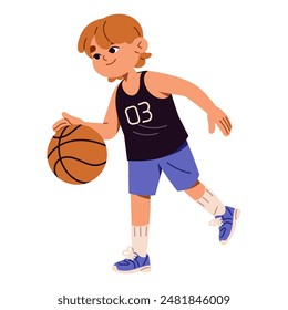 Cute boy plays basketball. Happy kid, young athlete dribbling ball with hand. Child basket player in uniform training does professional sport. Flat isolated vector illustration on white background