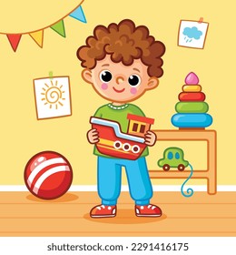 Cute boy plays in the children's room and holds a boat in his hands. Vector illustration on a children's theme in a cartoon style.