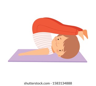 Cute Boy in a Plow Pose, Adorable Kid Practicing Yoga, Active Healthy Lifestyle Vector Illustration
