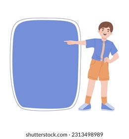 Cute Junge, der auf eine Blase mit Platz für Text zeigt.