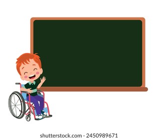 cute boy pointing at the classroom board
