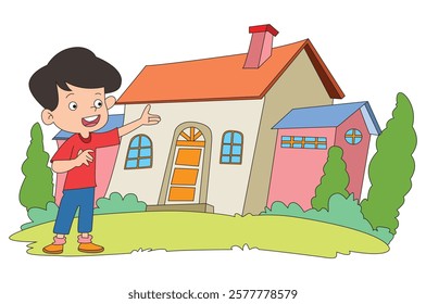 A cute boy pointing house