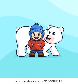 Cute boy and polar bear in winter season