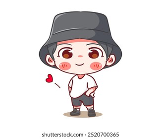 Menino bonito posando legal vestindo camiseta personagem de desenho animado. Estilo coreano moda. Design de conceito de expressão de pessoas. Ilustração vetorial de Chibi. Fundo branco isolado