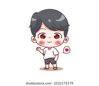 Menino bonito posando legal vestindo camiseta personagem de desenho animado. Estilo coreano moda. Design de conceito de expressão de pessoas. Ilustração vetorial de Chibi. Fundo branco isolado