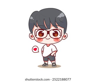 Menino bonito posando legal vestindo personagem de desenho animado de vidro. Estilo coreano moda. Design de conceito de expressão de pessoas. Ilustração vetorial de Chibi. Fundo branco isolado