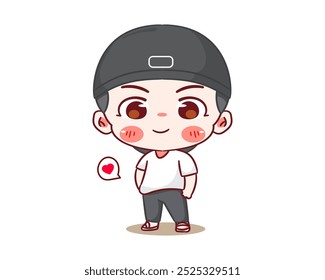 Cute boy posing cool wearing black hat cartoon character. Korean style fashion. People expression concept design. Chibi vector illustration. Isolated white background