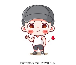 Cute boy posing cool wearing black hat cartoon character. Korean style fashion. People expression concept design. Chibi vector illustration. Isolated white background