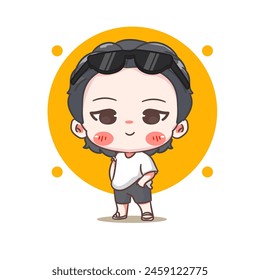 Niño lindo posando la mano en el personaje de dibujos animados de bolsillo. Moda de estilo coreano. Diseño de concepto de expresión de Personas. Ilustración vectorial Chibi. Fondo blanco aislado