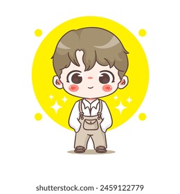 Cute boy posing hand in pocket cartoon character. Korean style fashion. People expression concept design. Chibi vector illustration. Isolated white background